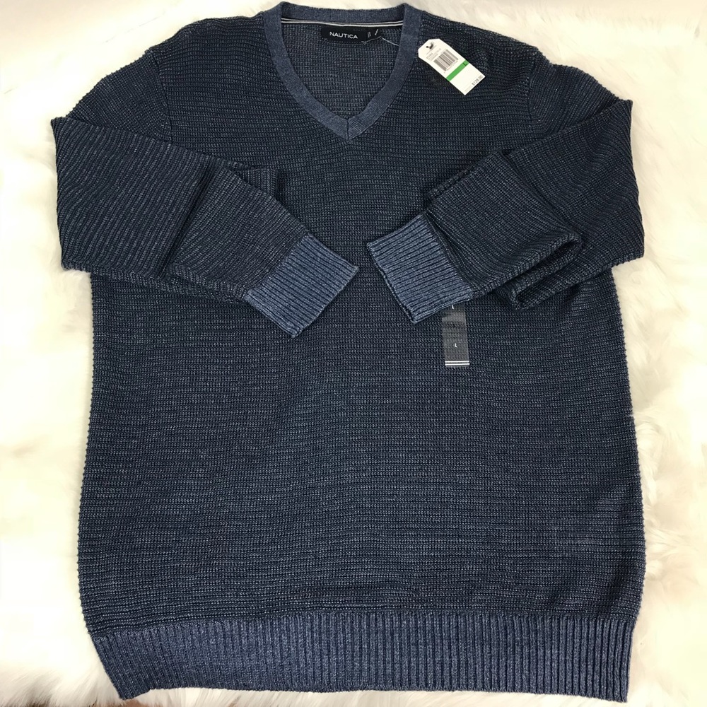 NWT Nautica V-Neck Ribbed Sweater Estate Blue